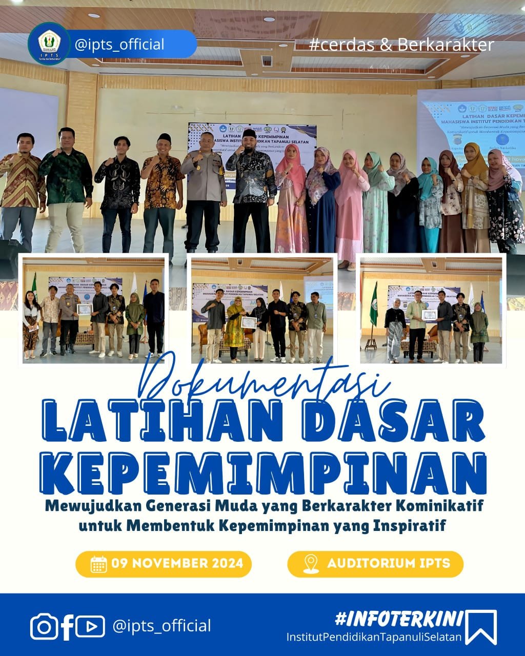 Melalui Latihan Dasar Kepemimpinan, kita mewujudkan generasi muda yang berkarakter komunikatif untuk membentuk kepemimpinan yang inspiratif. Terima kasih kepada seluruh mahasiswa IPTS yang telah berpartisipasi, mulai dari BEM, MPM, HMP, hingga mahasiswa Prodi. Kegiatan ini dibuka oleh Bapak Wakil Rektor III IPTS, dan menghadirkan pemateri luar biasa: Kapolres, BNN, serta Komisi Perlindungan Anak dan Wanita. Semoga kita semua dapat menjadi pemimpin yang tidak hanya cerdas, tetapi juga peduli dan penuh inspirasi.   #KepemimpinanInspiratif  #GenerasiMudaBerkarakter  #LatihanDasarKepemimpinan  #ipts