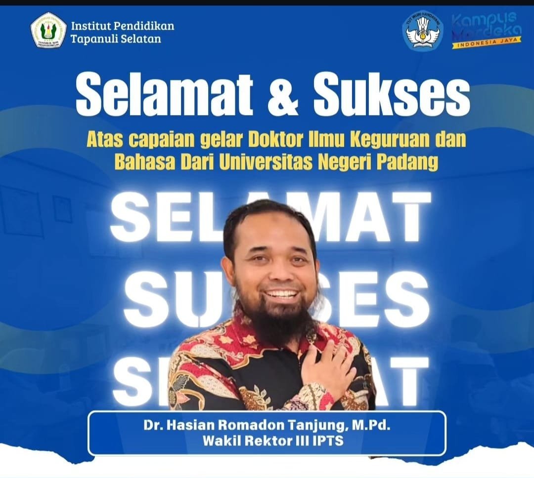 Selamat dan Sukses kepada Bapak Hasian Romadon Tanjung, M.Pd., Wakil Rektor III IPTS atas pencapaian gelar Doktor Ilmu Keguruan dan Bahasa dari Universitas Negeri Padang.  Bapak Dr. Hasian Romadon Tanjung, M.Pd.  IPTS Cerdas dan Berkarakter IPTS Jaya, Jaya, Jaya!